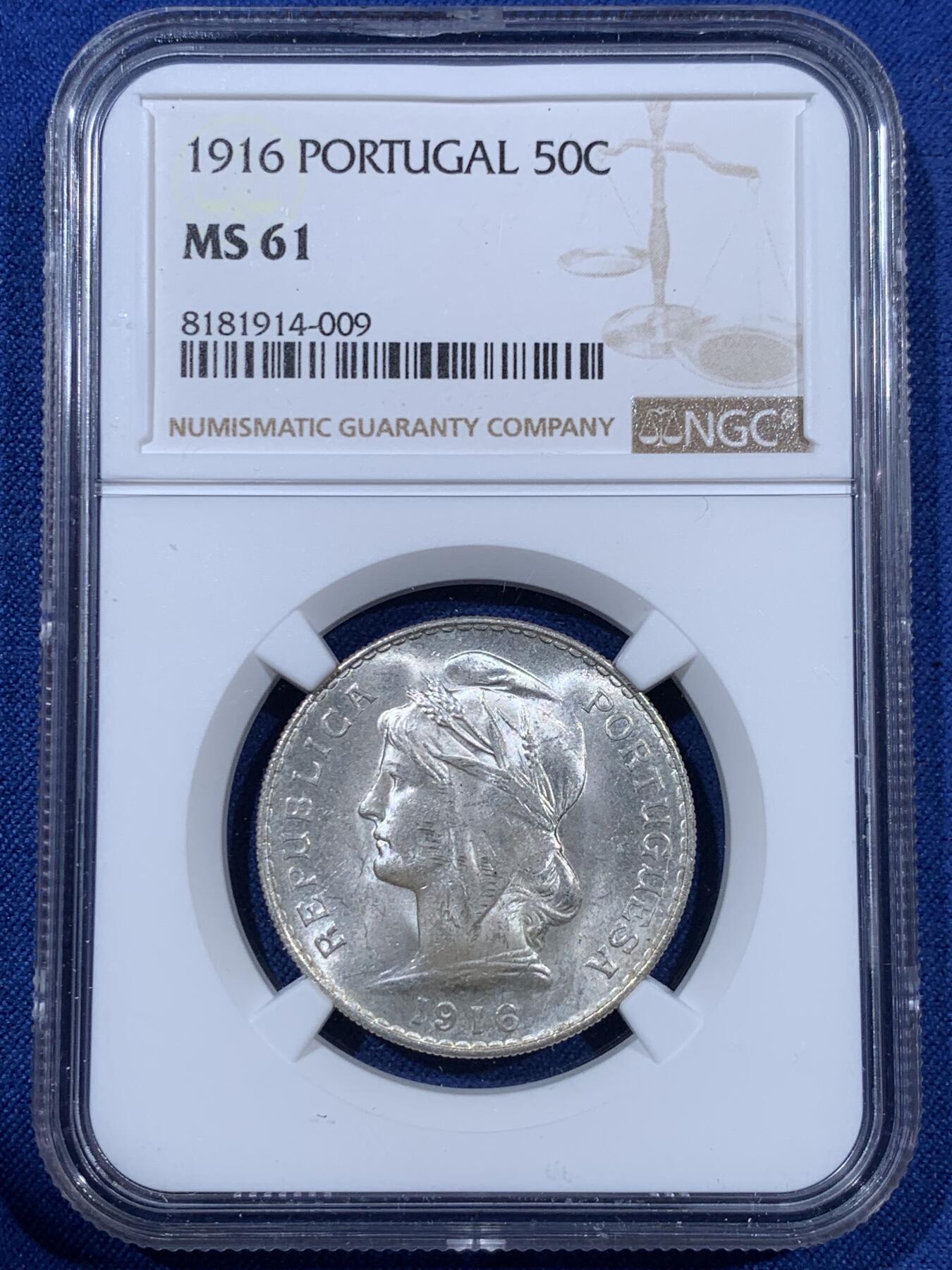 《竞宝斋》第409场 周日，周一，2场连拍 （全场包邮） NGC MS61 葡萄牙 1916 大头女神 50分 银币 卷拆品 上n压分 同一卷平均63