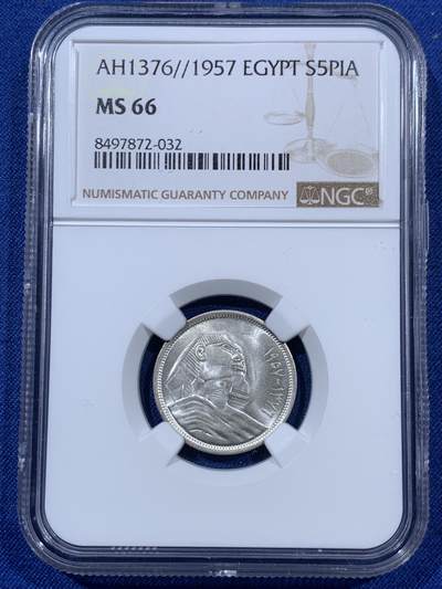《竞宝斋》第409场 周日，周一，2场连拍 （全场包邮） - NGC MS66 亚军分 1957埃及5皮阿斯特 狮身人面像银币 大热品种 高分极为困难 再上面只有唯一一枚67 追求品相的绝对不容错过