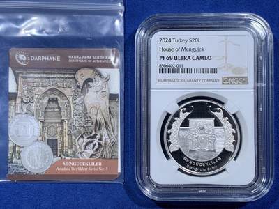 《竞宝斋》第409场 周日，周一，2场连拍 （全场包邮） NGC PF69UC 土耳其2024年 孟古耶克之家 20里拉精制纪念银币（带证书，限量发行3千枚，克重1盎司，925银，币径38.61MM，精工细繁雕刻）