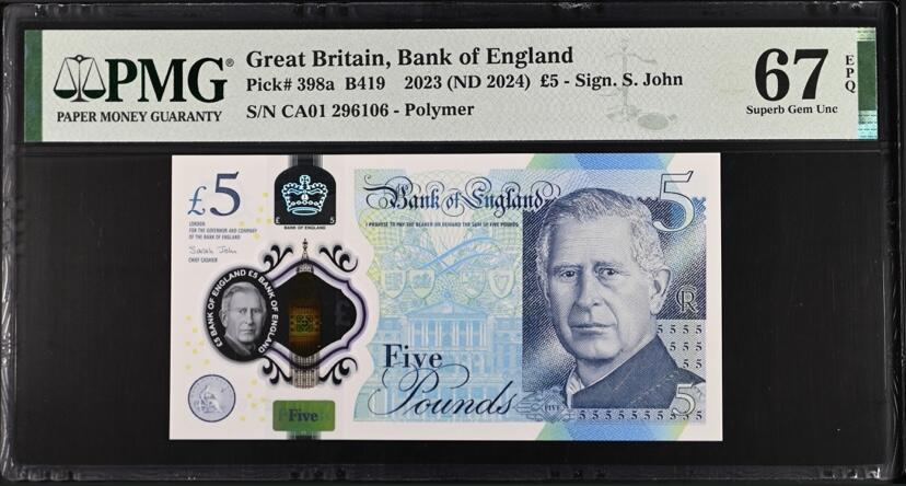 【礼羽收藏】🌏世界钱币拍卖第100期 【CA01 296106】全新UNC 2024年英国查尔斯5镑塑料钞 CA01 首发冠 无3457尾106 朦胧号 高分靓号