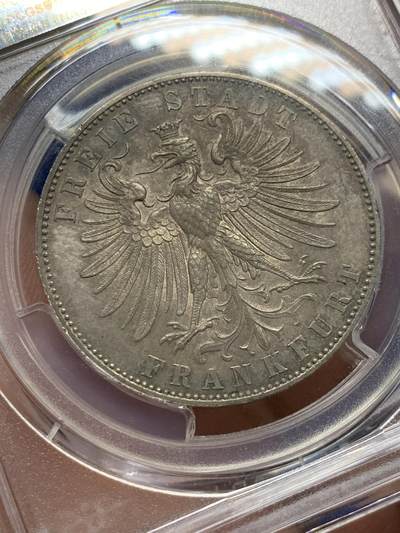 《竞宝斋》第409场 周日，周一，2场连拍 （全场包邮） PCGS PR63 1862年德意志法兰克福精制射击节泰勒，迄今为止精制射击节泰勒在N、P数据库中记录不超过10枚。醇厚的巧克力色包浆与紫罗兰淡彩相得益彰