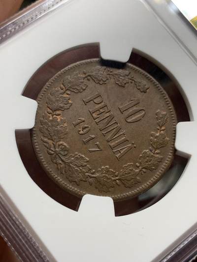 《竞宝斋》第409场 周日，周一，2场连拍 （全场包邮） NGC MS62BN 俄占芬兰1917年克伦斯基临时政府无皇冠双头鹰10盆尼铜币