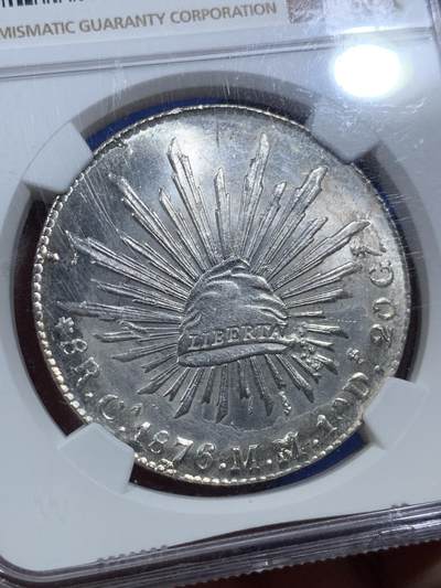 《竞宝斋》第409场 周日，周一，2场连拍 （全场包邮） NGC MS63 墨西哥 1876 CA MM 鹰洋 8瑞尔 高分极少，亚军分，同分3，更高分2。