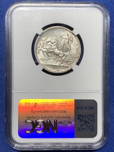 《竞宝斋》第409场 周日，周一，2场连拍 （全场包邮） NGC UNC 1917 意大利 马车 2里拉 银币 埃马努埃莱三世 五彩老包浆 稀少年份 发行量仅为其他年份1/4