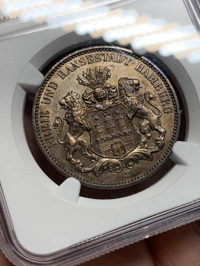 《竞宝斋》第409场 周日，周一，2场连拍 （全场包邮） NGC UNC 1913 德国汉堡3马克银币