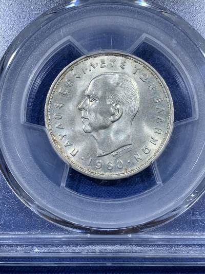 《竞宝斋》第410场 周日，周一，2场连拍 （全场包邮） PCGS MS65 希腊 1960年 月亮女神 20德拉克马银币