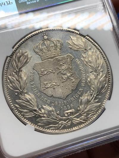 《竞宝斋》第410场 周日，周一，2场连拍 （全场包邮） NGC UNC 德国 1856年 不伦瑞克 2泰勒银币 37克大规格 细节非常好