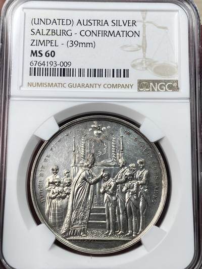 万国钱币拍卖第051期 - NGC MS60 18世纪奥地利萨尔茨堡景观坚信礼纪念银章 萨尔茨堡要塞景观型在坚信礼章中属首见 繁复程度从细节中可一窥一二  古萨尔茨堡景观完美呈现
