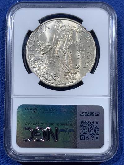 《竞宝斋》第410场 周日，周一，2场连拍 （全场包邮） NGC MS64 巴拿马 1947年 1波拿巴 银币 卷拆转光