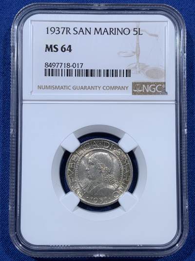 《竞宝斋》第410场 周日，周一，2场连拍 （全场包邮） - NGC MS64 圣马力诺1937年女神半身像5里拉银币