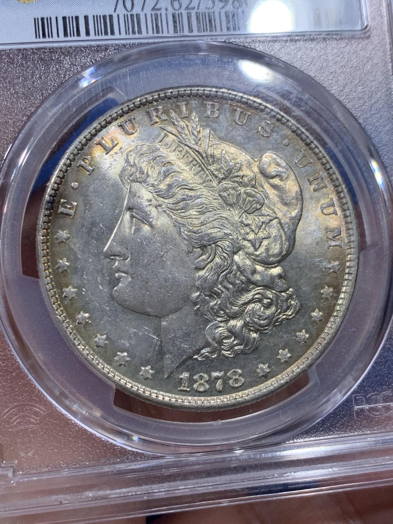 《竞宝斋》第410场 周日，周一，2场连拍 （全场包邮） PCGS MS62 摩根八羽 1878 8TF 钱币正反面均有多处复打 包括年份耳朵英文字 相当稀有的版别 辅以正反面均有环状老包浆 品种与品相兼得