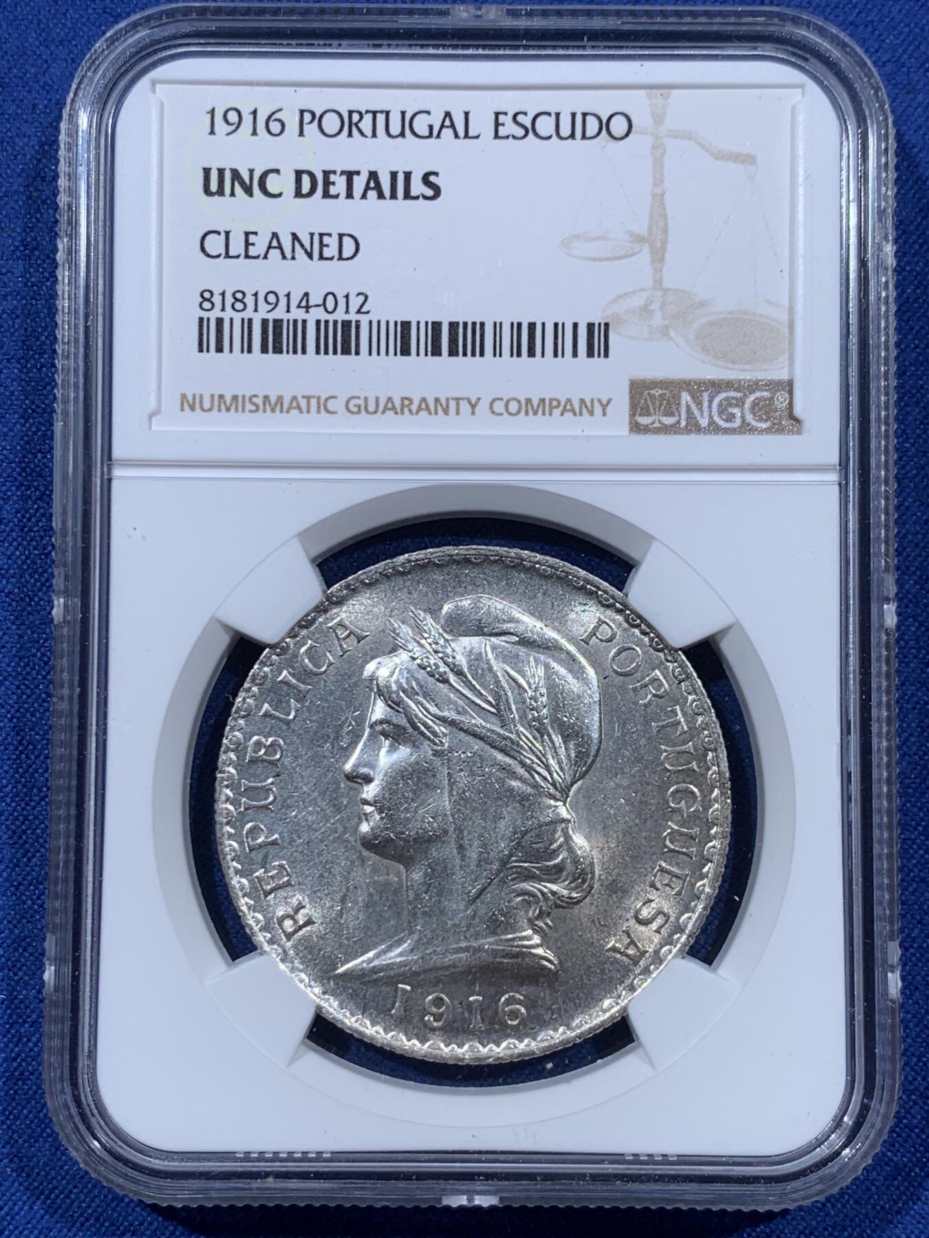 《竞宝斋》第410场 周日，周一，2场连拍 （全场包邮） NGC UNC 1916 葡萄牙 大头女神 一埃斯库多 原光错杀