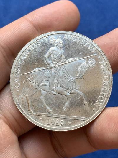 《竞宝斋》第410场 周日，周一，2场连拍 （全场包邮） 1989年西班牙银币5ecu，骑士拿着长矛