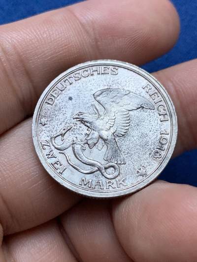 《竞宝斋》第410场 周日，周一，2场连拍 （全场包邮） 德国 1913年 普鲁士战胜拿破仑纪念2马克 光感不错