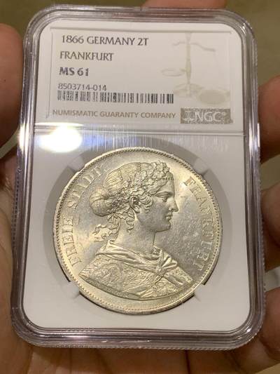 《竞宝斋》第410场 周日，周一，2场连拍 （全场包邮） NGC MS61 德国 1866年 法兰克福 2泰勒银币 转光极好