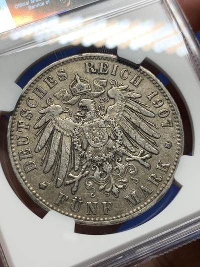 《竞宝斋》第410场 周日，周一，2场连拍 （全场包邮） NGC XF45 德国1907年汉堡-双狮5马克银币