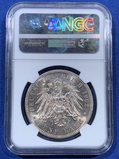《竞宝斋》第410场 周日，周一，2场连拍 （全场包邮） 亚军分 NGC MS64 德国1902年威廉二世5马克大银币 经典品种 上BU很难