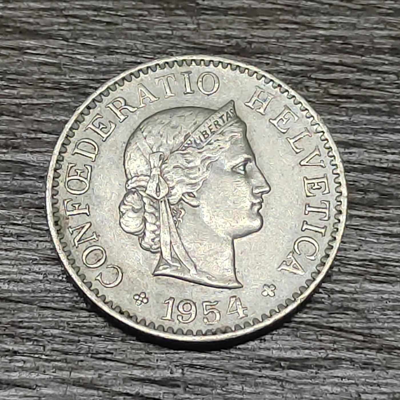 【铜匠收藏】★第130场★散币场，无佣金，30包邮。不满30元，支付5元运费。《接受代拍 代送NGC评级》 瑞士 1954年 5分  镍币