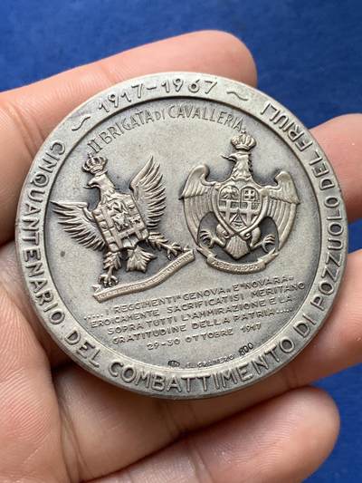 《竞宝斋》第410场 周日，周一，2场连拍 （全场包邮） 热那亚团骑兵银质勋章 59.1克 50.6mm