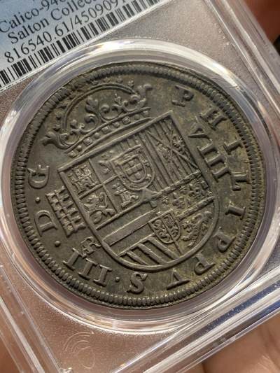 《竞宝斋》第410场 周日，周一，2场连拍 （全场包邮） PCGS MS61 唯一冠军分 西班牙1614年8里亚尔大银币 四百年窖藏醇厚包浆 塞戈维亚厂光彩四溢 盾徽文字打制完美 61低评状态 名家Salton旧藏 西班牙早期本土大银币不可或缺的珍品