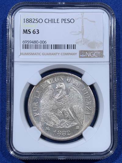《竞宝斋》第410场 周日，周一，2场连拍 （全场包邮） NGC MS63 智利1882年秃鹰大银币，智利和英国硝石战争结束前一年的出品，智利在经济困境中任然制作出如此高品质的银币非常不易。