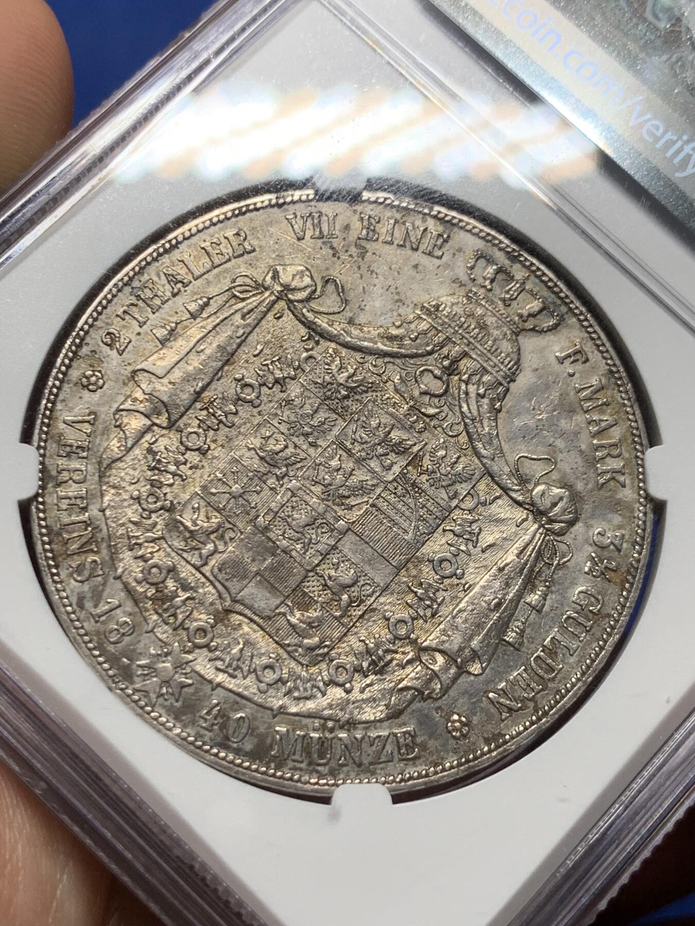 《竞宝斋》第410场 周日，周一，2场连拍 （全场包邮） NGC AUD 德国普鲁士 1840年 窗帘2泰勒 37克大银币