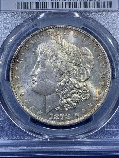 《竞宝斋》第410场 周日，周一，2场连拍 （全场包邮） PCGS MS62 摩根八羽 1878 8TF 钱币正反面均有多处复打 包括年份耳朵英文字 相当稀有的版别 辅以正反面均有环状老包浆 品种与品相兼得