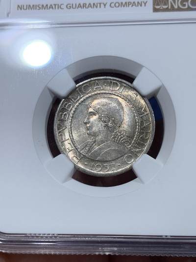 《竞宝斋》第410场 周日，周一，2场连拍 （全场包邮） NGC MS64 圣马力诺1937年女神半身像5里拉银币