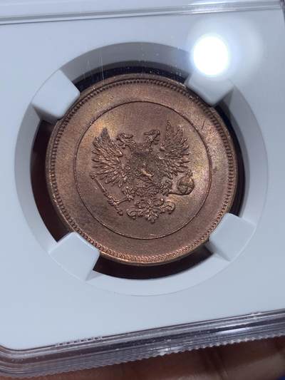 《竞宝斋》第410场 周日，周一，2场连拍 （全场包邮） NGC MS63RB 芬兰1917年临时政府10盆尼双头鹰铜币，单独年份