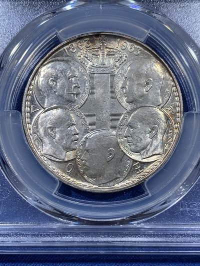 《竞宝斋》第410场 周日，周一，2场连拍 （全场包邮） PCGS MS65 希腊1963年30德拉克马银币，纪念希腊王朝百年，5位国王和希腊地图