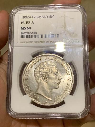《竞宝斋》第410场 周日，周一，2场连拍 （全场包邮） 亚军分 NGC MS64 德国1902年威廉二世5马克大银币 经典品种 上BU很难