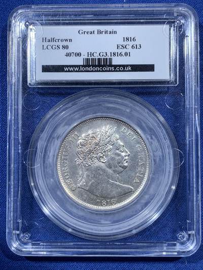 《竞宝斋》第410场 周日，周一，2场连拍 （全场包邮） LCGS 80英国1816乔治三世牛头半克朗银币 英国本土评级 对应n/p ms63左右 牛头只发行两年 常见1817 1816很少 此枚白亮原味状态好
