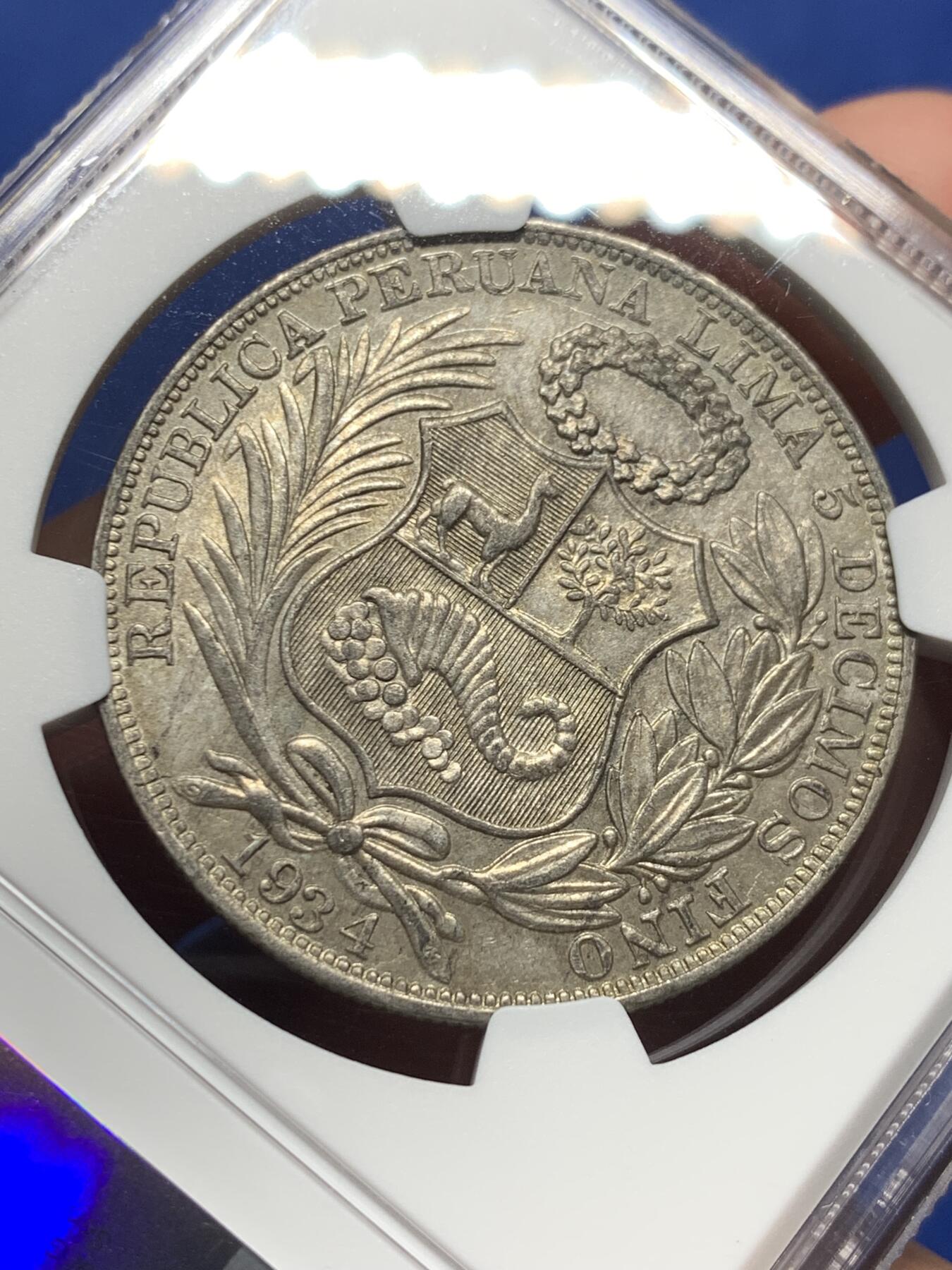 《竞宝斋》第410场 周日，周一，2场连拍 （全场包邮） NGC AU55 秘鲁1934年坐人女神1索尔大银币