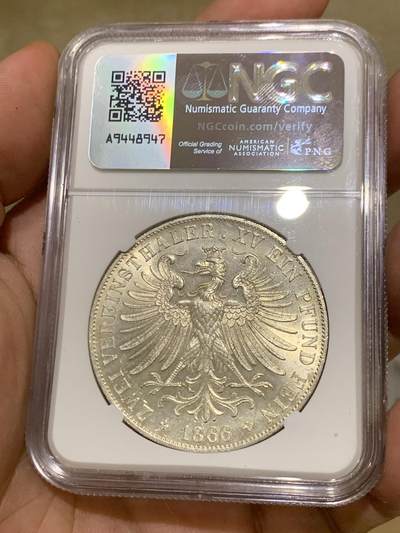 《竞宝斋》第410场 周日，周一，2场连拍 （全场包邮） NGC MS61 德国 1866年 法兰克福 2泰勒银币 转光极好