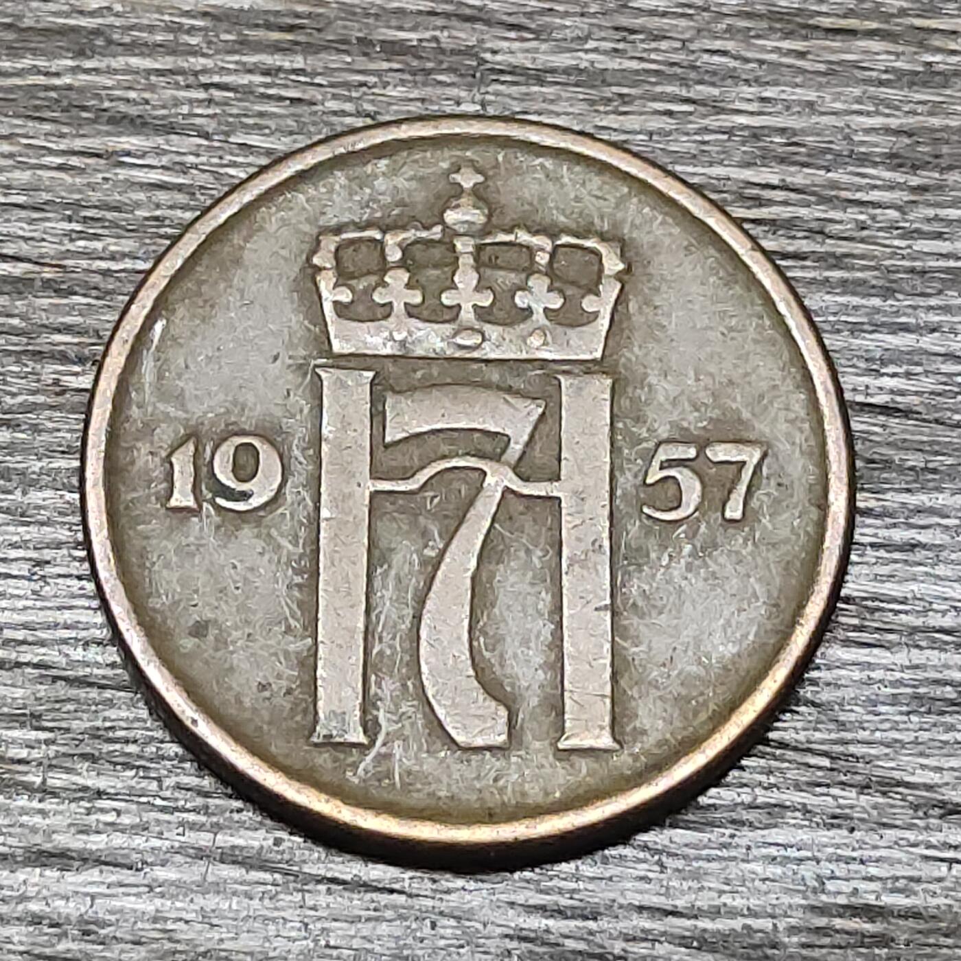 【铜匠收藏】★第130场★散币场，无佣金，30包邮。不满30元，支付5元运费。《接受代拍 代送NGC评级》 挪威 1957年 2欧尔 铜币