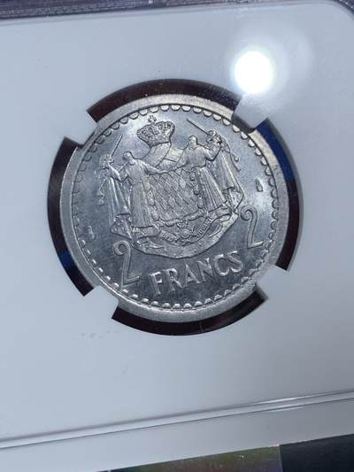 《竞宝斋》第410场 周日，周一，2场连拍 （全场包邮） NGC MS65 摩纳哥1943年2法郎铝币 超高分 非常少见的一版 市面上大多都是流通品 好品国外很贵 一步到位 可藏