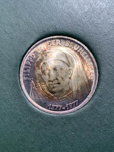 《竞宝斋》第410场 周日，周一，2场连拍 （全场包邮） 卡装两枚一组 圣马力诺1977年布鲁内莱斯基诞辰600周年1000里拉纪念银币