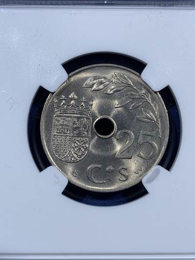 《竞宝斋》第410场 周日，周一，2场连拍 （全场包邮） NGC MS64 西班牙 1937年 内战版 25分 原光镍币 好品非常少