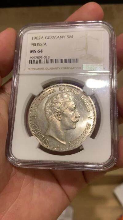 《竞宝斋》第410场 周日，周一，2场连拍 （全场包邮） 亚军分 NGC MS64 德国1902年威廉二世5马克大银币 经典品种 上BU很难