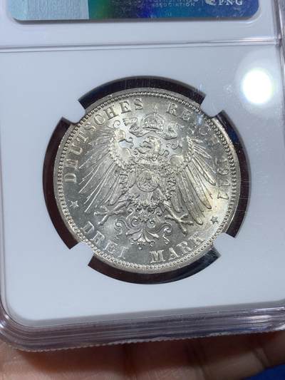 《竞宝斋》第410场 周日，周一，2场连拍 （全场包邮） NGC MS64 德国1911年巴伐利亚摄政王诞辰90周年3马克银币