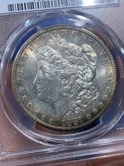 《竞宝斋》第410场 周日，周一，2场连拍 （全场包邮） PCGS MS64 摩根 1881-s 正反面皆有月牙形彩虹包浆 币面几乎无伤明显低评