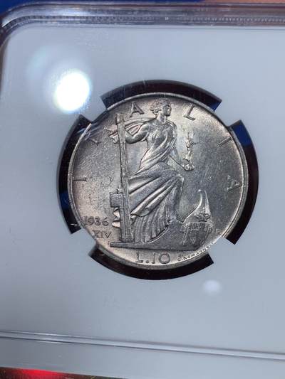 《竞宝斋》第410场 周日，周一，2场连拍 （全场包邮） NGC MS62 意大利 1936年 10里拉 银币 好品少见