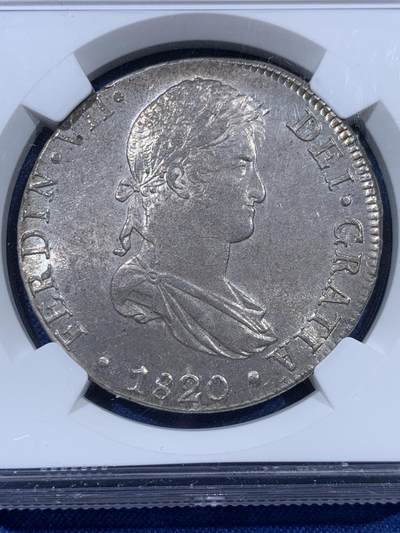 《竞宝斋》第410场 周日，周一，2场连拍 （全场包邮） NGC MS63 西属秘鲁 1820 LIMA JP 费七人像双柱 8瑞尔 双面深打