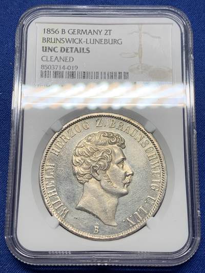 《竞宝斋》第410场 周日，周一，2场连拍 （全场包邮） NGC UNC 德国 1856年 不伦瑞克 2泰勒银币 37克大规格 细节非常好