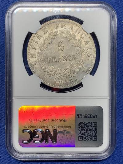《竞宝斋》第410场 周日，周一，2场连拍 （全场包邮） NGC UNC 法国 1811W版 拿破仑一世 5法郎银币 版别 状态镀很好 建议处理下尝试再评级