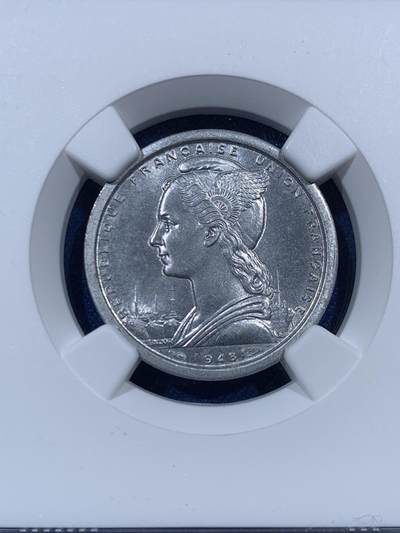 《竞宝斋》第410场 周日，周一，2场连拍 （全场包邮） NGC MS65 圣皮埃尔和密克隆1948年1法郎 法属少见国家 船图案经典 卷拆品 可藏