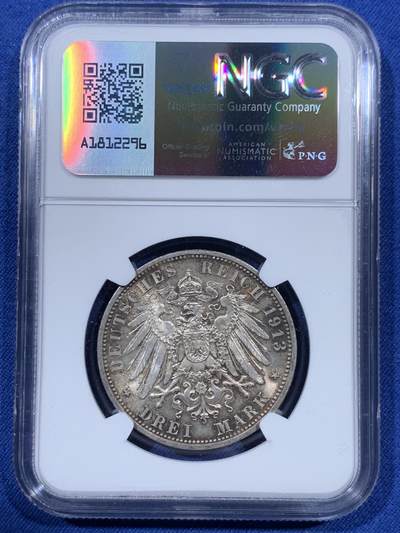 《竞宝斋》第410场 周日，周一，2场连拍 （全场包邮） NGC UNCD 德国1913普鲁士威廉三世军装3马克银币