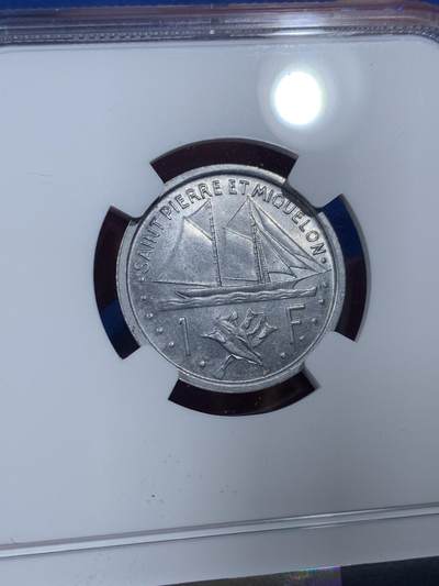 《竞宝斋》第410场 周日，周一，2场连拍 （全场包邮） NGC MS65 圣皮埃尔和密克隆1948年1法郎 法属少见国家 船图案经典 卷拆品 可藏