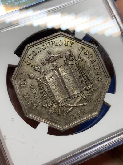 《竞宝斋》第410场 周日，周一，2场连拍 （全场包邮） NGC MS62 法国1837年维埃纳公证人八角银章，少见款