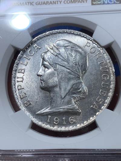 《竞宝斋》第410场 周日，周一，2场连拍 （全场包邮） NGC UNC 1916 葡萄牙 大头女神 一埃斯库多 原光错杀